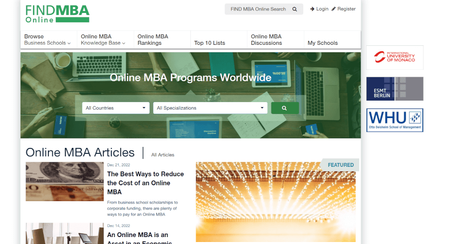 Screenshot of findmbaonline.com website